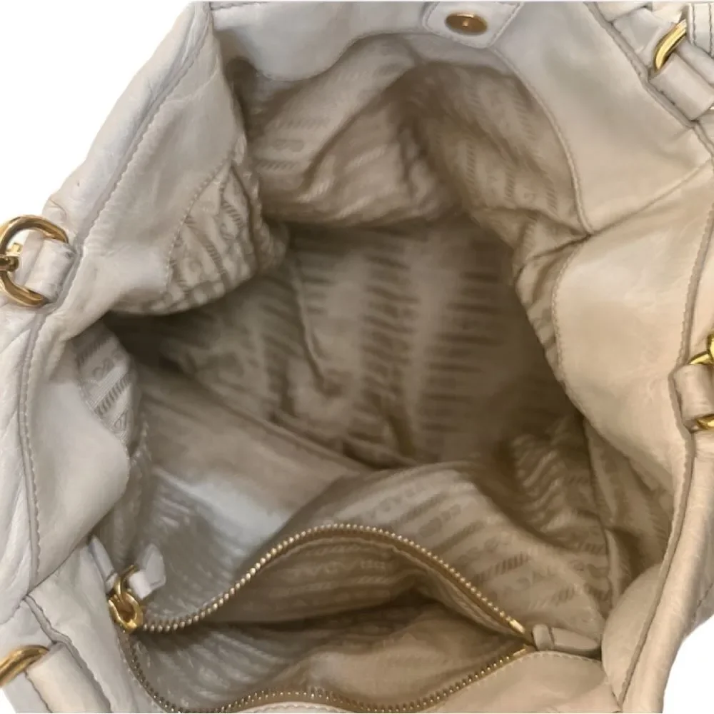 PRADA Vitello Two Way Hobo Beige Fringe Leather Bag - Picture 14 of 15